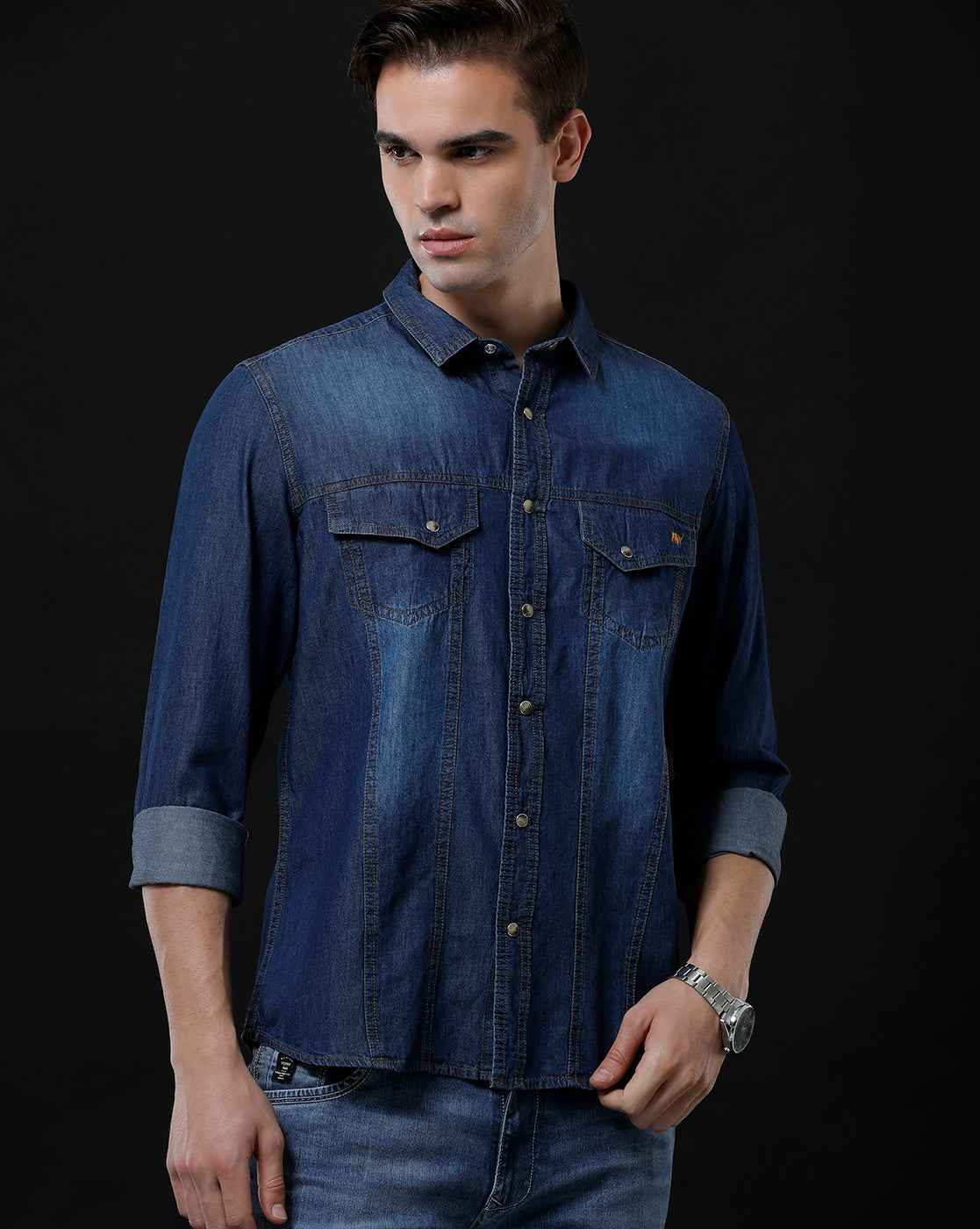 Men's Slim Fit Solid Denim Casual Shirt (AMPHI)