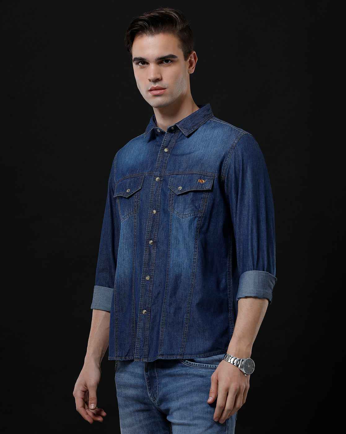 Men's Slim Fit Solid Denim Casual Shirt (AMPHI)
