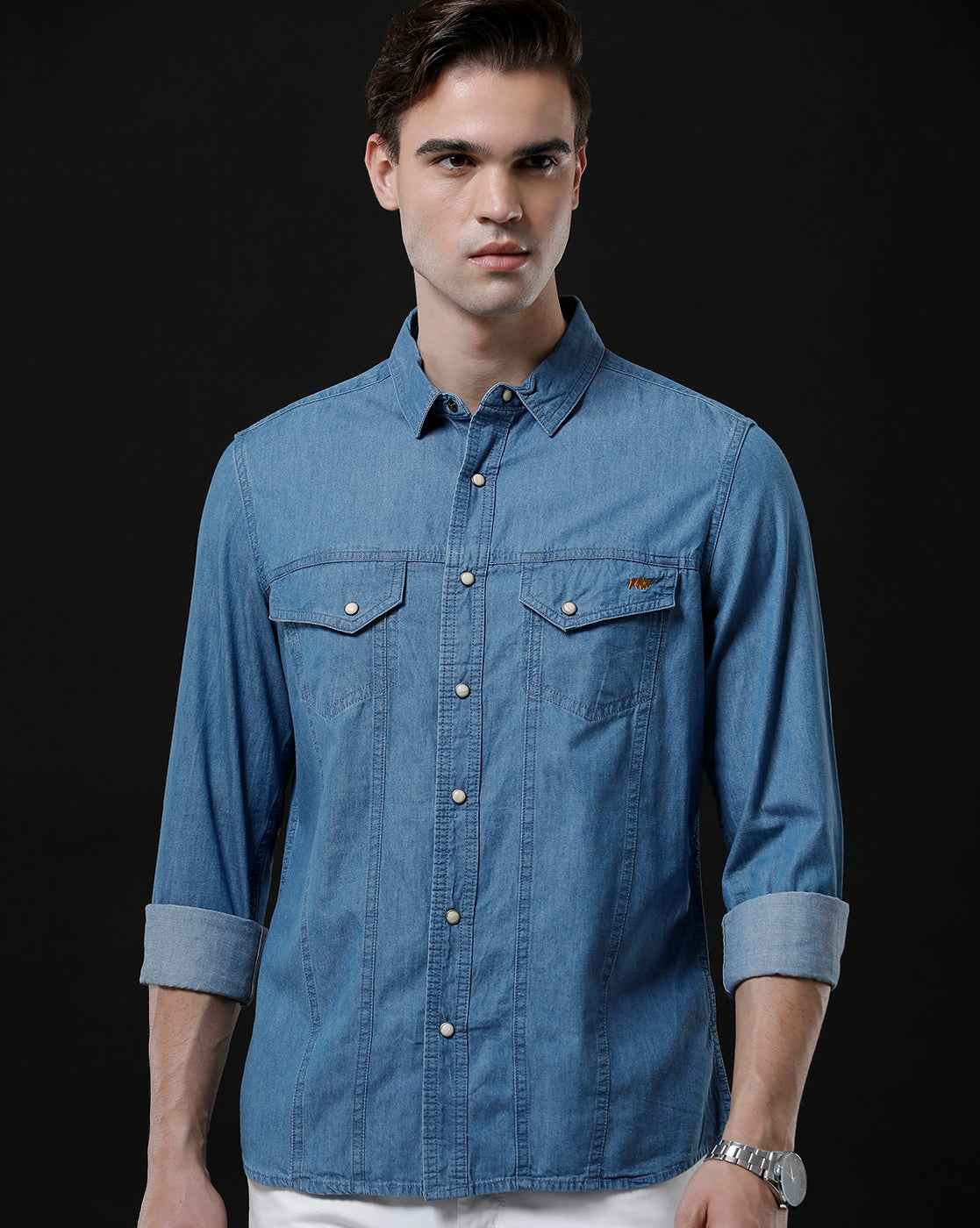 Men's Slim Fit Solid Denim Casual Shirt (APOKE)