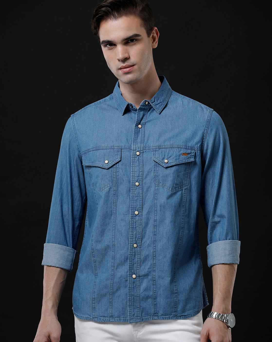 Men's Slim Fit Solid Denim Casual Shirt (APOKE)