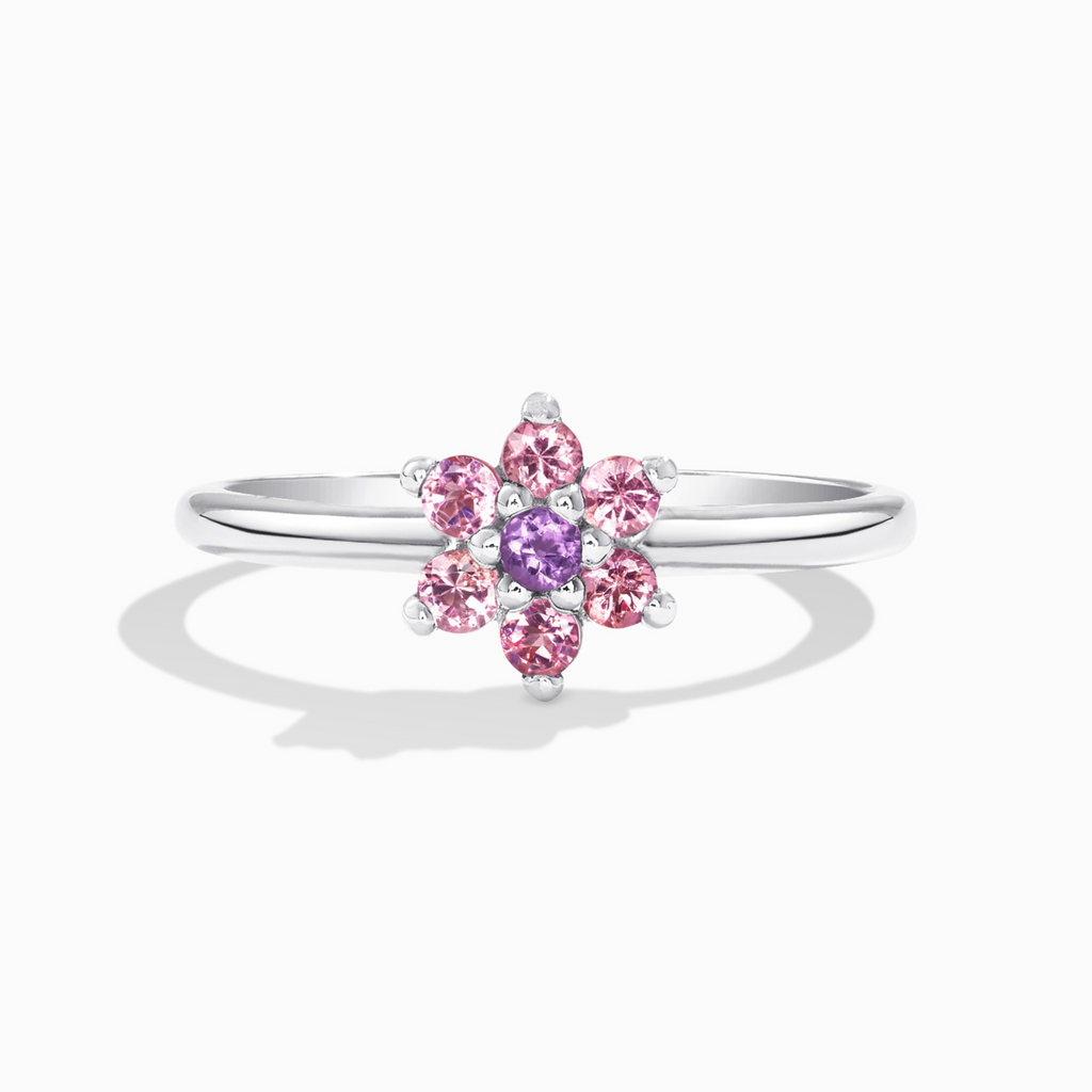 Pink Tourmaline and Amethyst Flower Ring in Sterling Silver