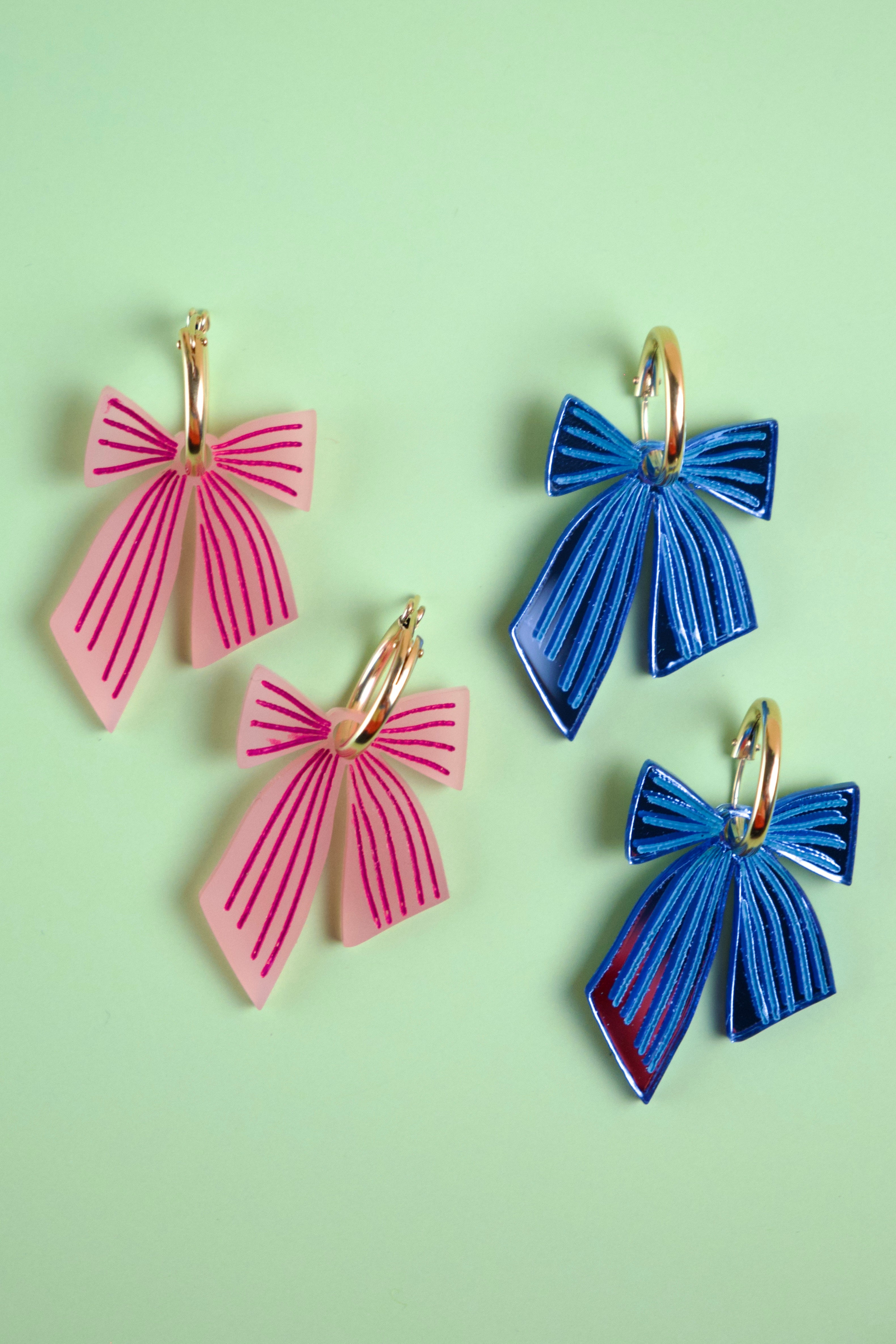 Pink Striped Bow Hoop Earrings