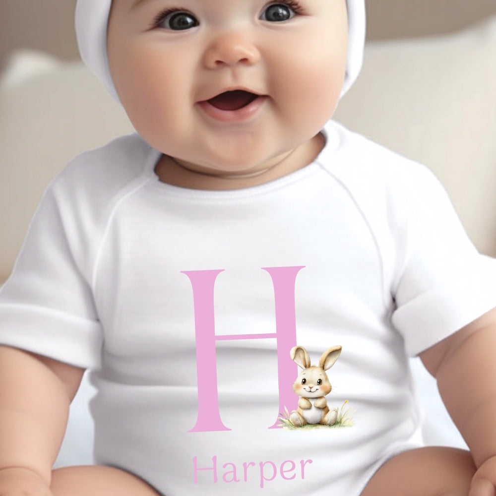 Personalised Pink Initial Bunny Gift Hamper Baby Gift Box - Teddy & Vest