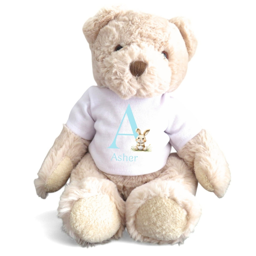 Personalised Luxury Teddy Bear with Blue Initial Bunny T-Shirt