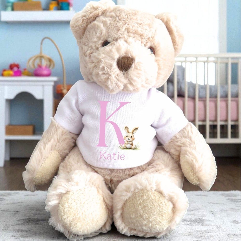 Personalised Pink Initial Bunny Gift Hamper Baby Gift Box - Teddy & Vest