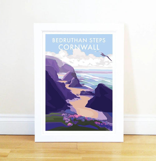 Cornwall Travel Poster – Bedruthan Steps Seaside Art Print by BeckyBettesworth (bedruthan-steps)