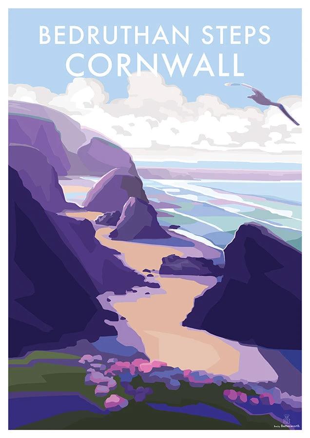 Cornwall Travel Poster – Bedruthan Steps Seaside Art Print by BeckyBettesworth (bedruthan-steps)
