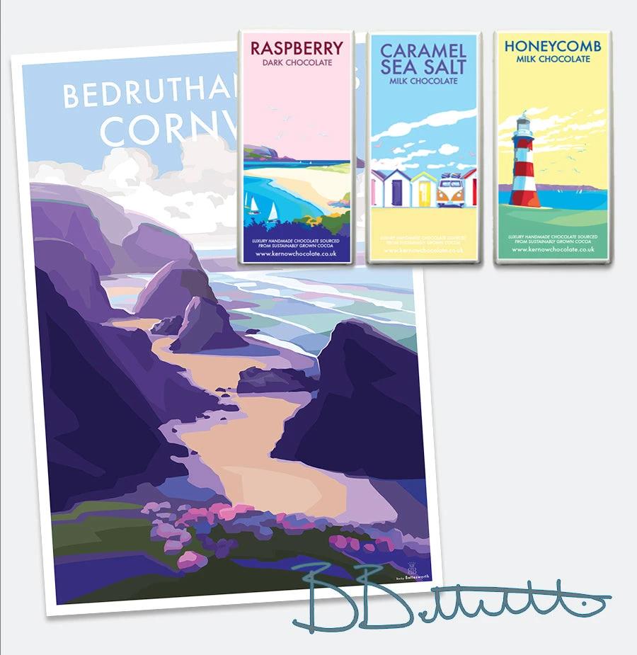 Cornwall Travel Poster – Bedruthan Steps Seaside Art Print by BeckyBettesworth (bedruthan-steps)