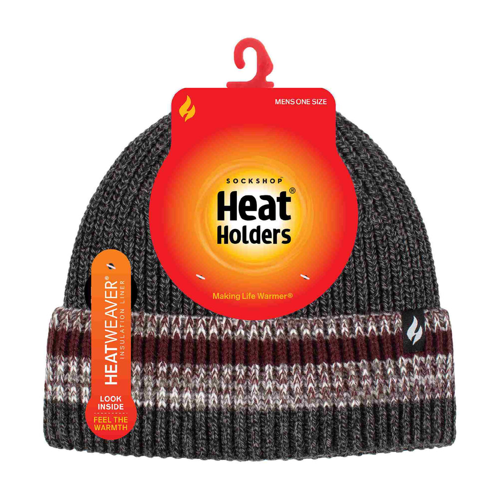 Mens Striped Turnover Cuff Knitted Thermal Beanie Hat for Winter