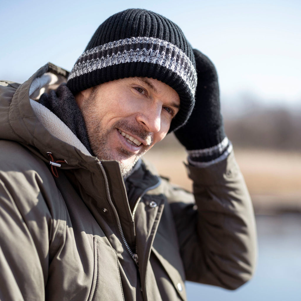 Mens Striped Turnover Cuff Knitted Thermal Beanie Hat for Winter