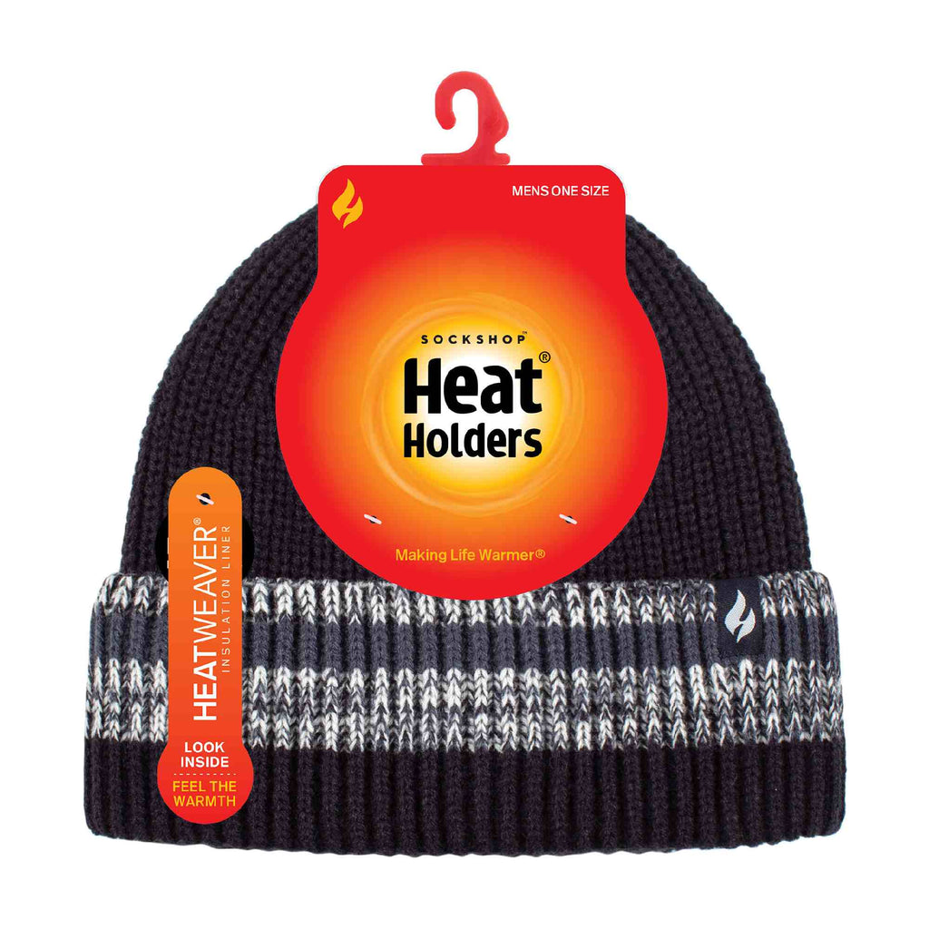 Mens Striped Turnover Cuff Knitted Thermal Beanie Hat for Winter