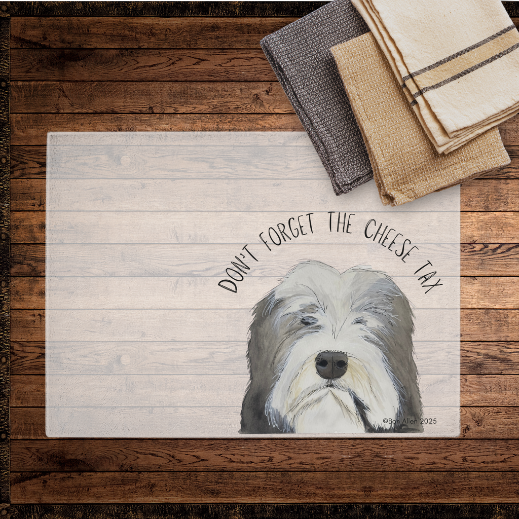 Cheese Tax Enforcer – Bearded Collie Chopping Board of Justice