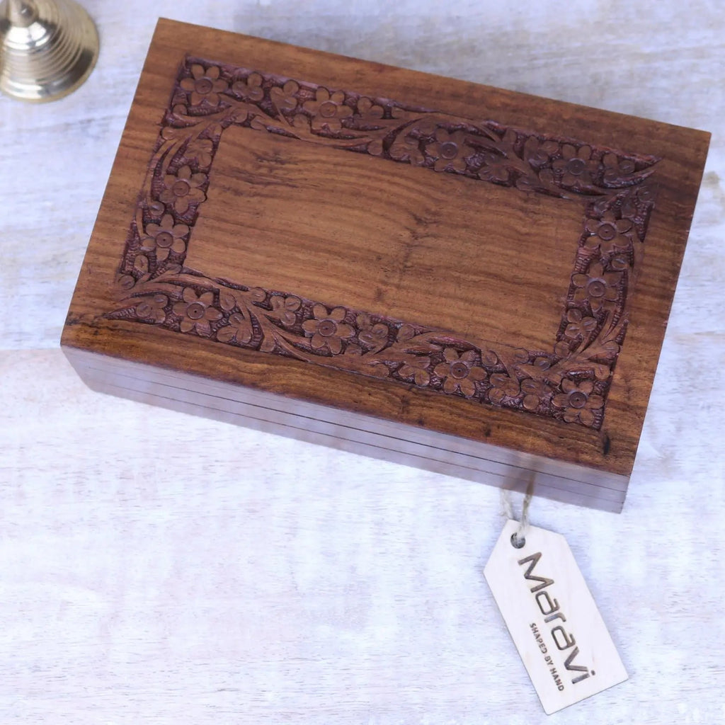 Betwa 20cm Wooden Trinket Box Floral Design Secret Lock