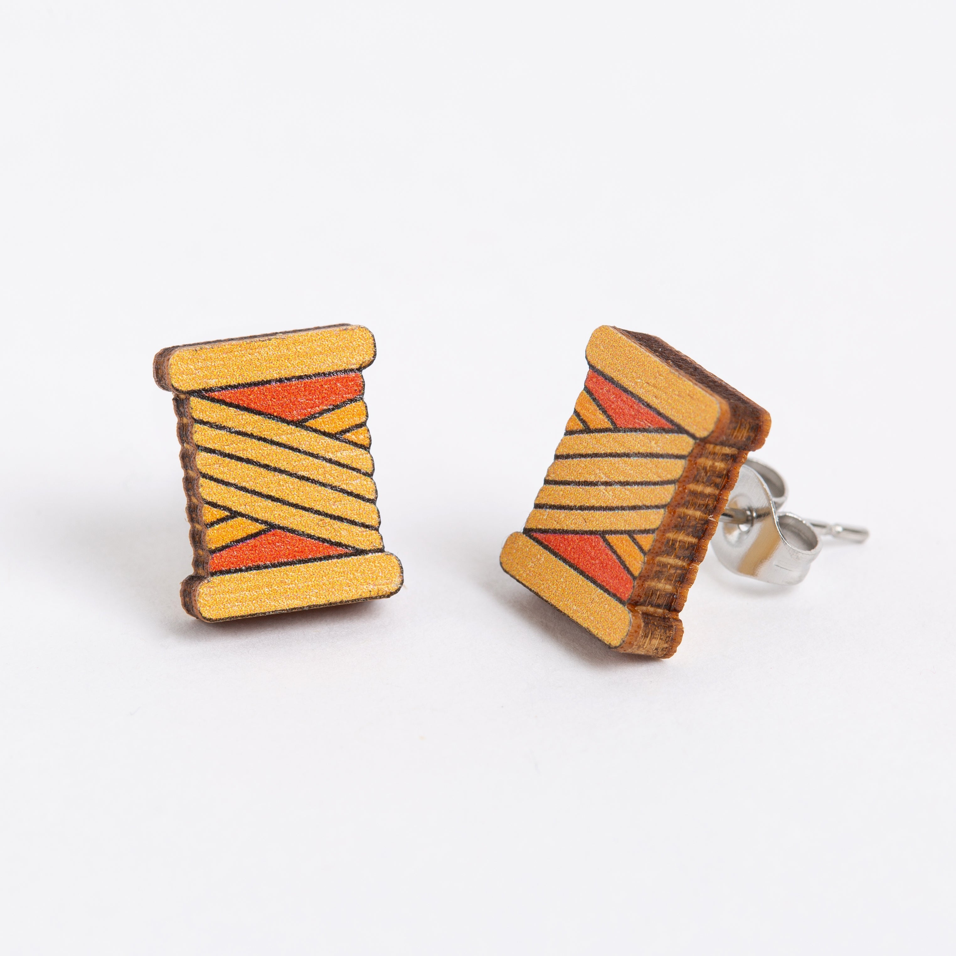 Bobbin Wooden Earrings  - Teal, Purple or Orange