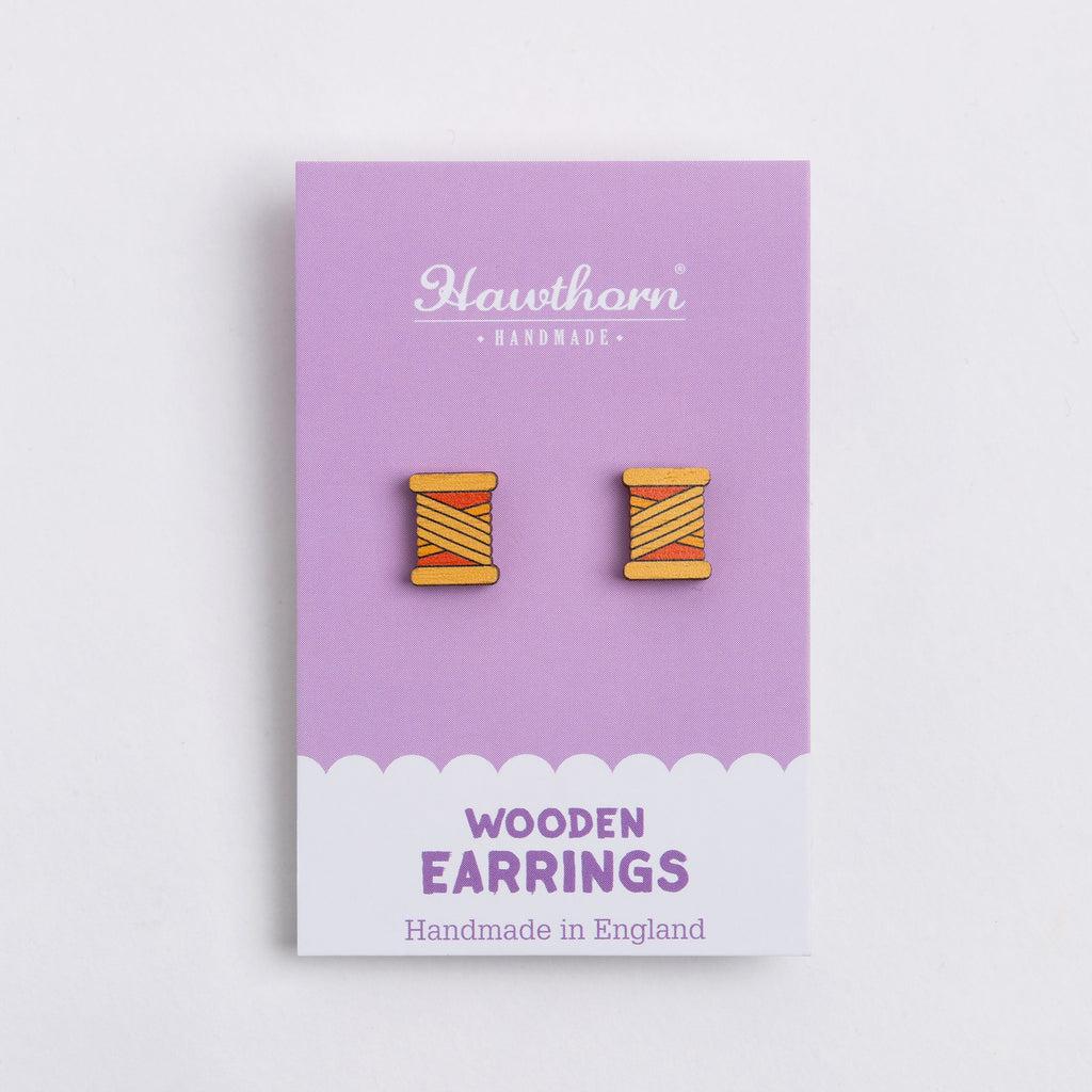 Bobbin Wooden Earrings  - Teal, Purple or Orange