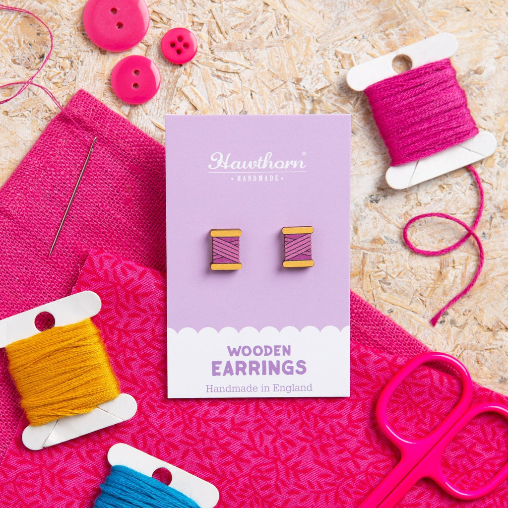 Bobbin Wooden Earrings  - Teal, Purple or Orange