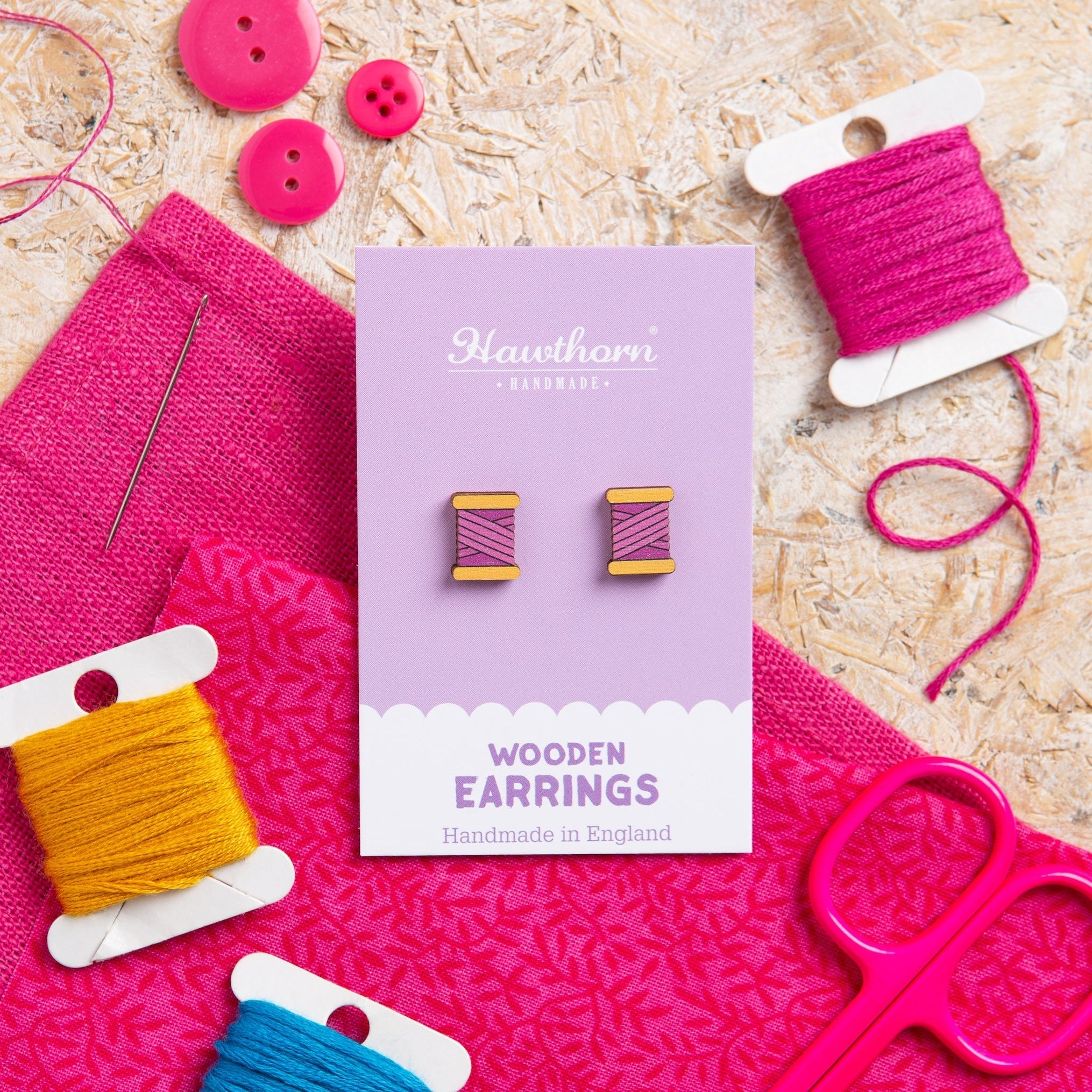 Bobbin Wooden Earrings  - Teal, Purple or Orange