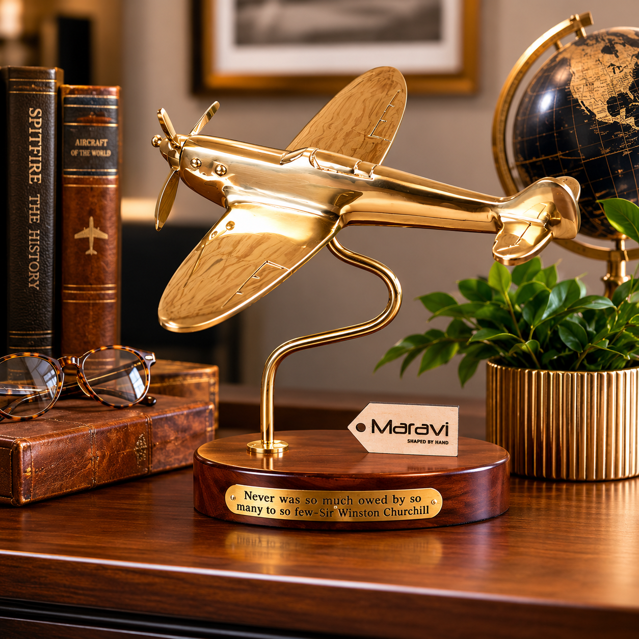 Brass Spitfire Model With Churchill Quote Plaque