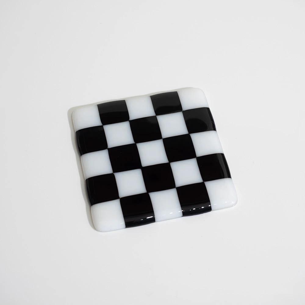 Fused Glass Coaster - Handmade Chequered Design in Cornwall by David Perry Glass & Ceramics (10cm-chequered-white-colour-coaster-bullseye-collection)