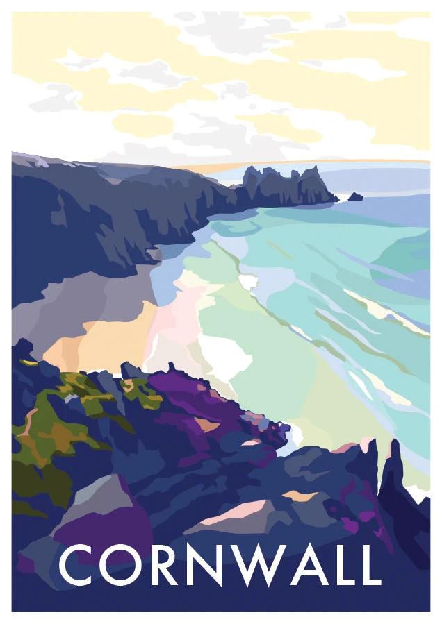Cornwall Travel Poster – Vintage Porthcurno Beach Art by Becky Bettesworth by BeckyBettesworth (cornwall-beach)