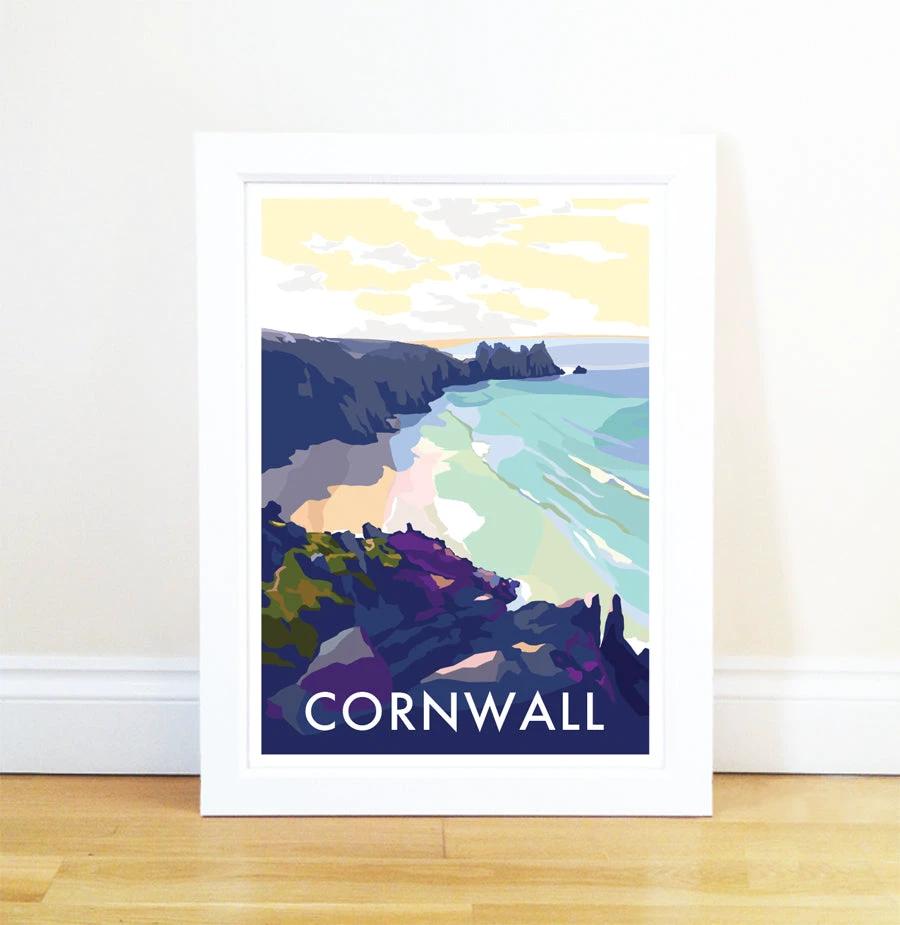 Cornwall Travel Poster – Vintage Porthcurno Beach Art by Becky Bettesworth by BeckyBettesworth (cornwall-beach)
