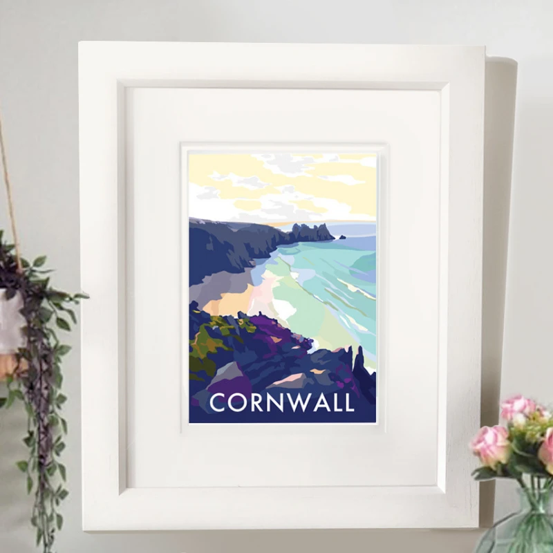 Cornwall Travel Poster – Vintage Porthcurno Beach Art by Becky Bettesworth by BeckyBettesworth (cornwall-beach)