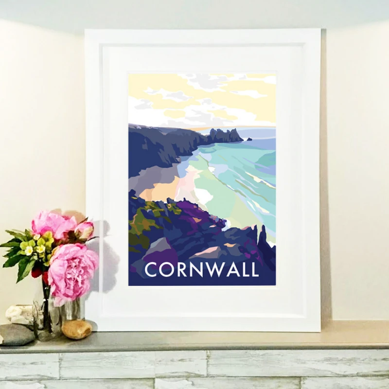 Cornwall Travel Poster – Vintage Porthcurno Beach Art by Becky Bettesworth by BeckyBettesworth (cornwall-beach)