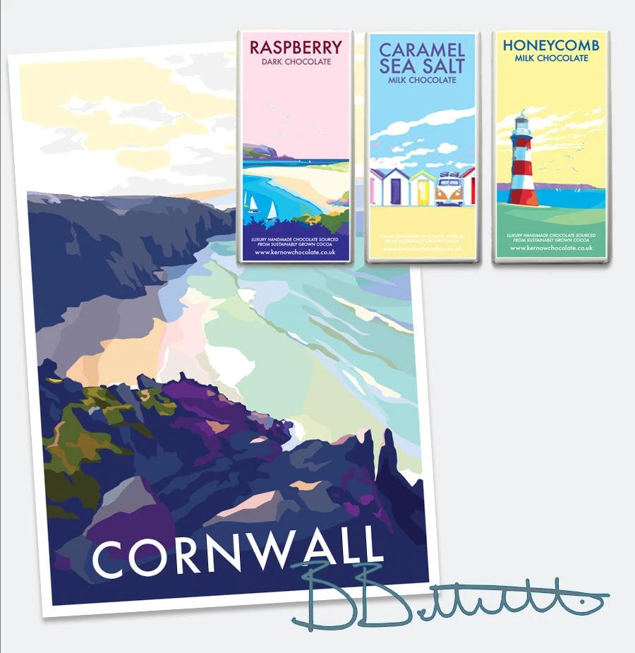 Cornwall Travel Poster – Vintage Porthcurno Beach Art by Becky Bettesworth by BeckyBettesworth (cornwall-beach)