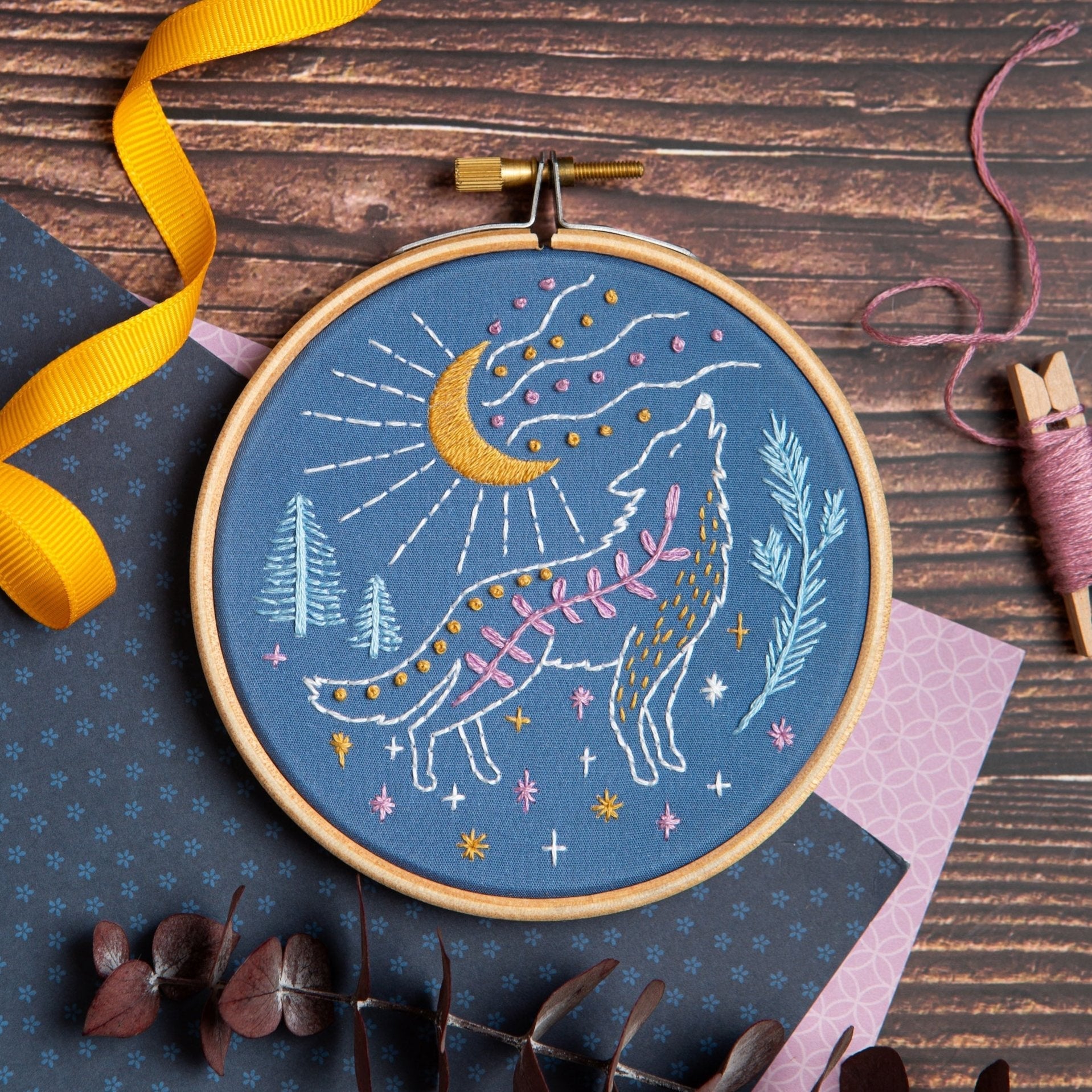 Celestial Wolf Mini Embroidery Kit for Beginners