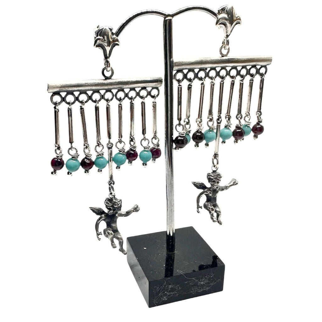Cherub Chandelier Earrings with Garnet & Turquoise – Handmade Sterling Silver 925