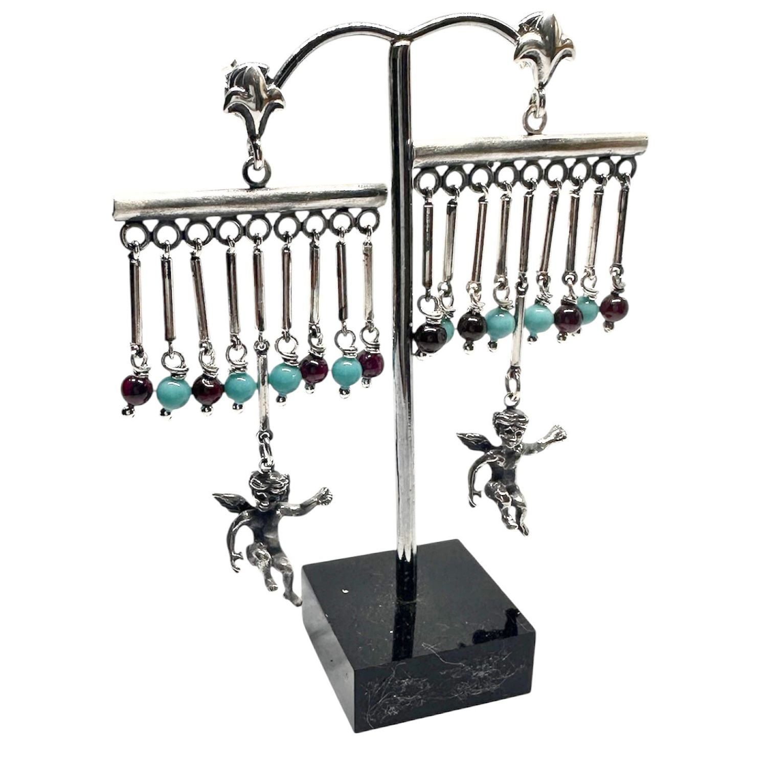 Cherub Chandelier Earrings with Garnet & Turquoise – Handmade Sterling Silver 925