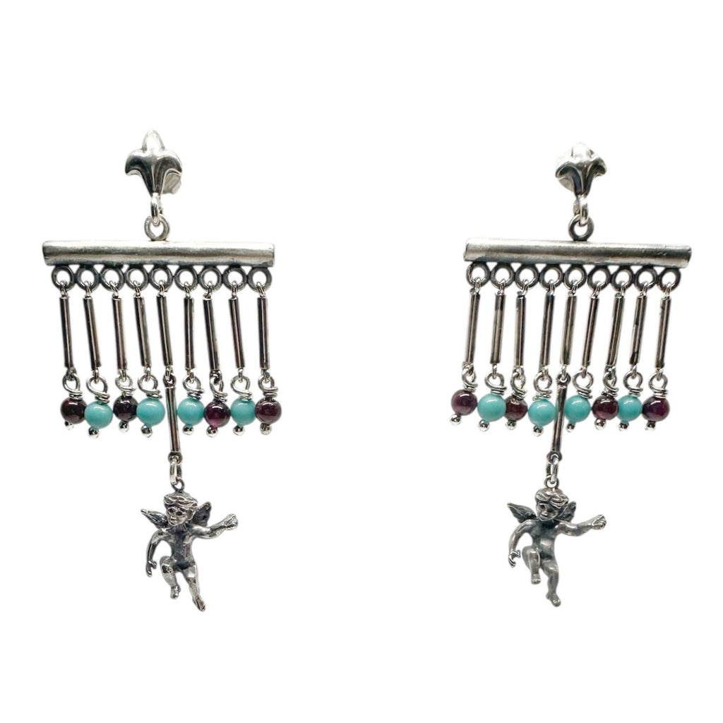 Cherub Chandelier Earrings with Garnet & Turquoise – Handmade Sterling Silver 925