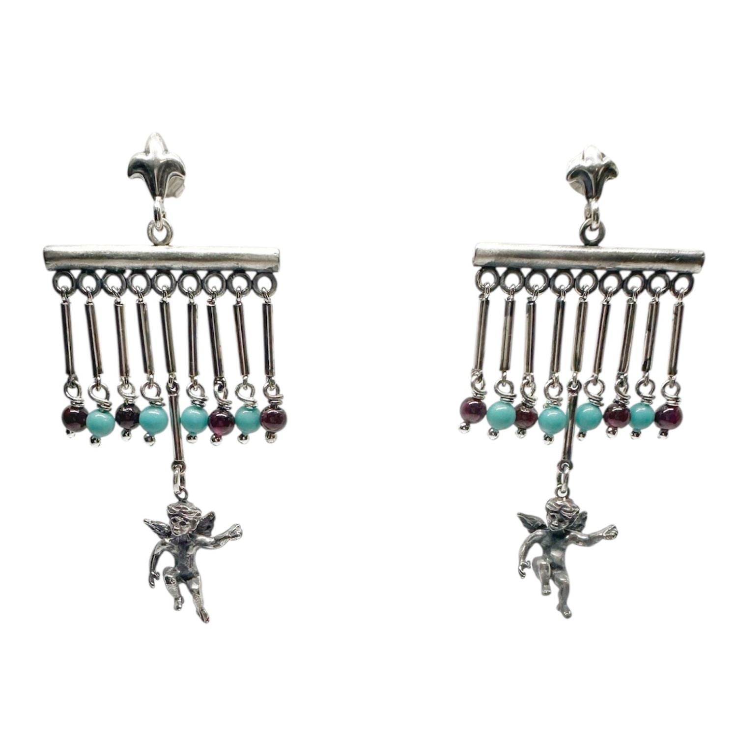 Cherub Chandelier Earrings with Garnet & Turquoise – Handmade Sterling Silver 925