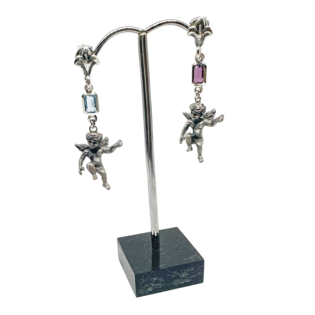 Cherub Drop Earrings with Amethyst & Aquamarine – One of a Kind – Handmade Sterling Silver 925