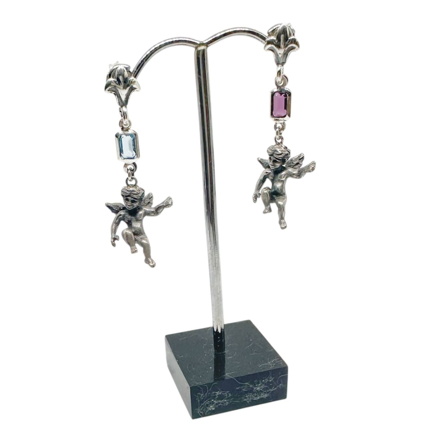 Cherub Drop Earrings with Amethyst & Aquamarine – One of a Kind – Handmade Sterling Silver 925