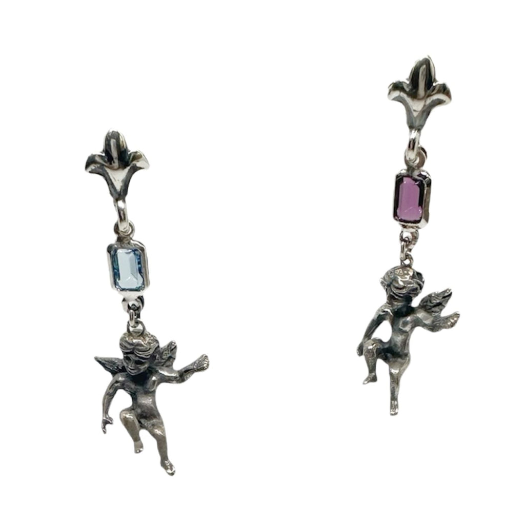 Cherub Drop Earrings with Amethyst & Aquamarine – One of a Kind – Handmade Sterling Silver 925