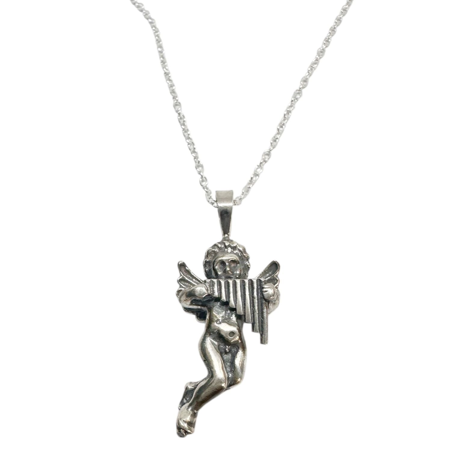 Cherub Panflute Pendant Necklace – Handmade Sterling Silver 925 – Classical Mythology