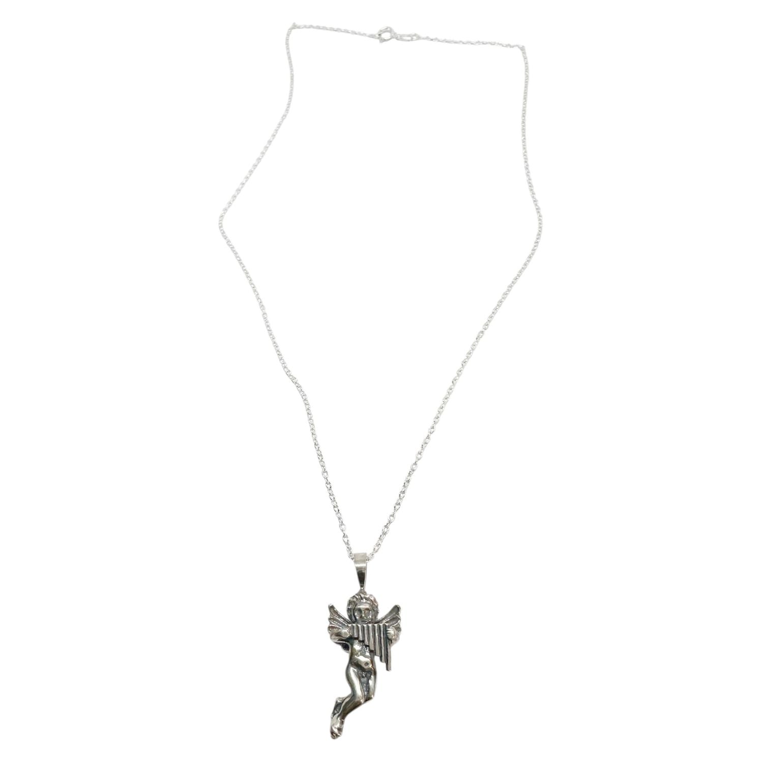 Cherub Panflute Pendant Necklace – Handmade Sterling Silver 925 – Classical Mythology