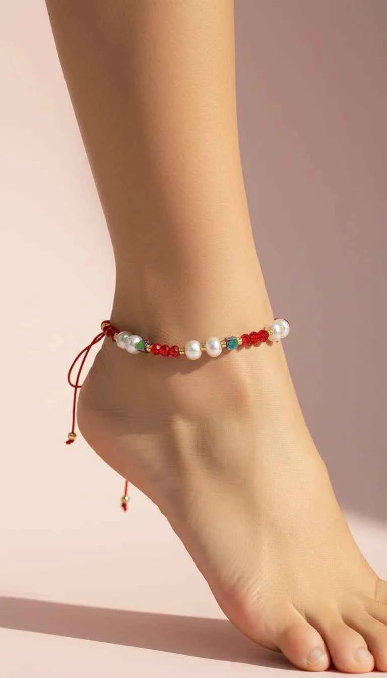 Faceted Beaded & Pearl Pull Tie Anklet