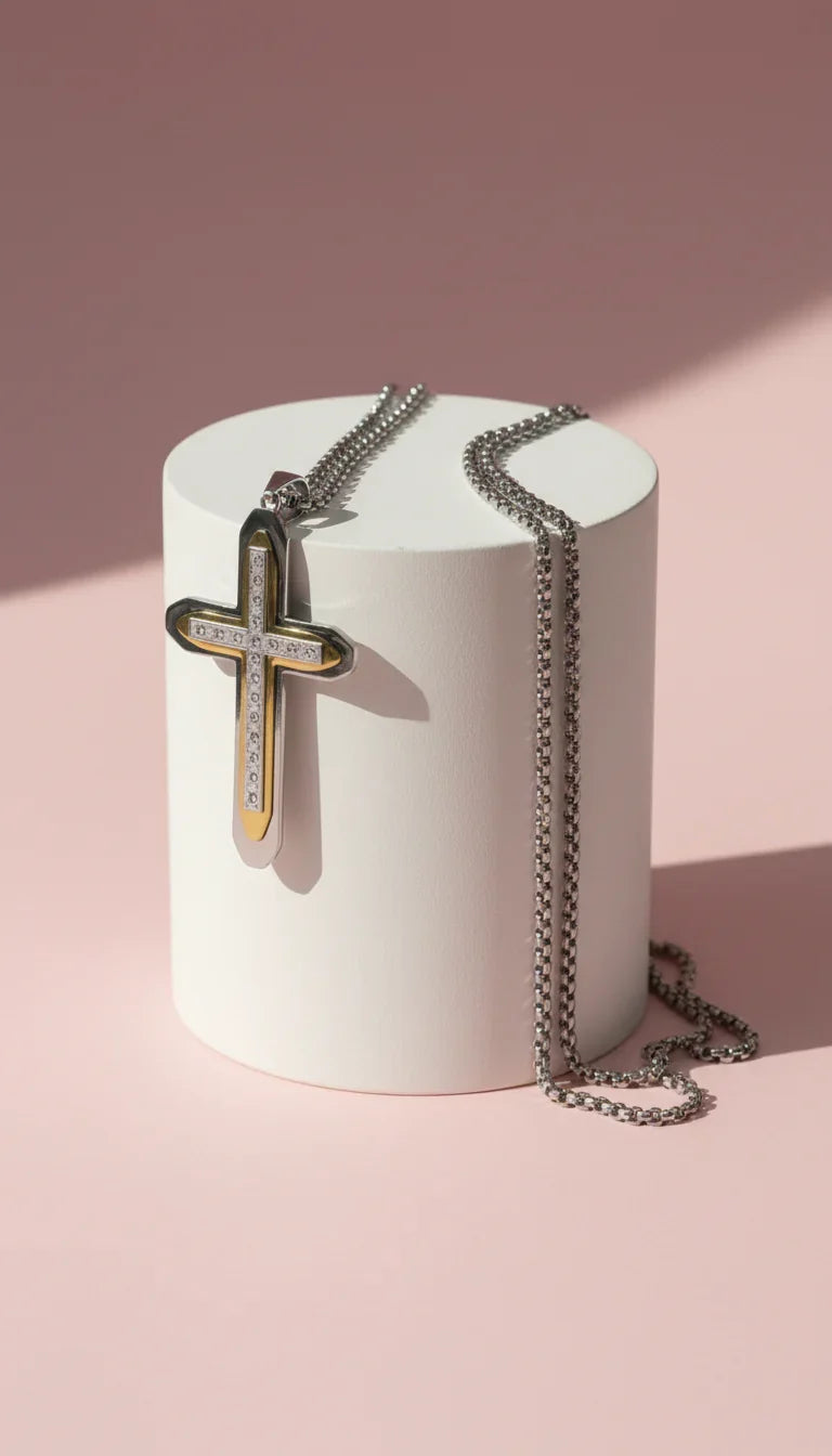 Waterproof Two Tone Layered Stainless Steel Cross Necklace