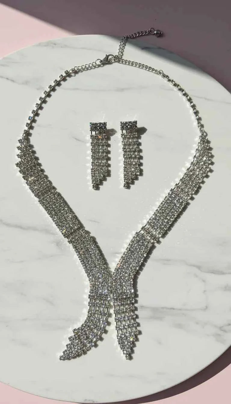 Crystal V Fringe Statement Necklace & Earrings Set