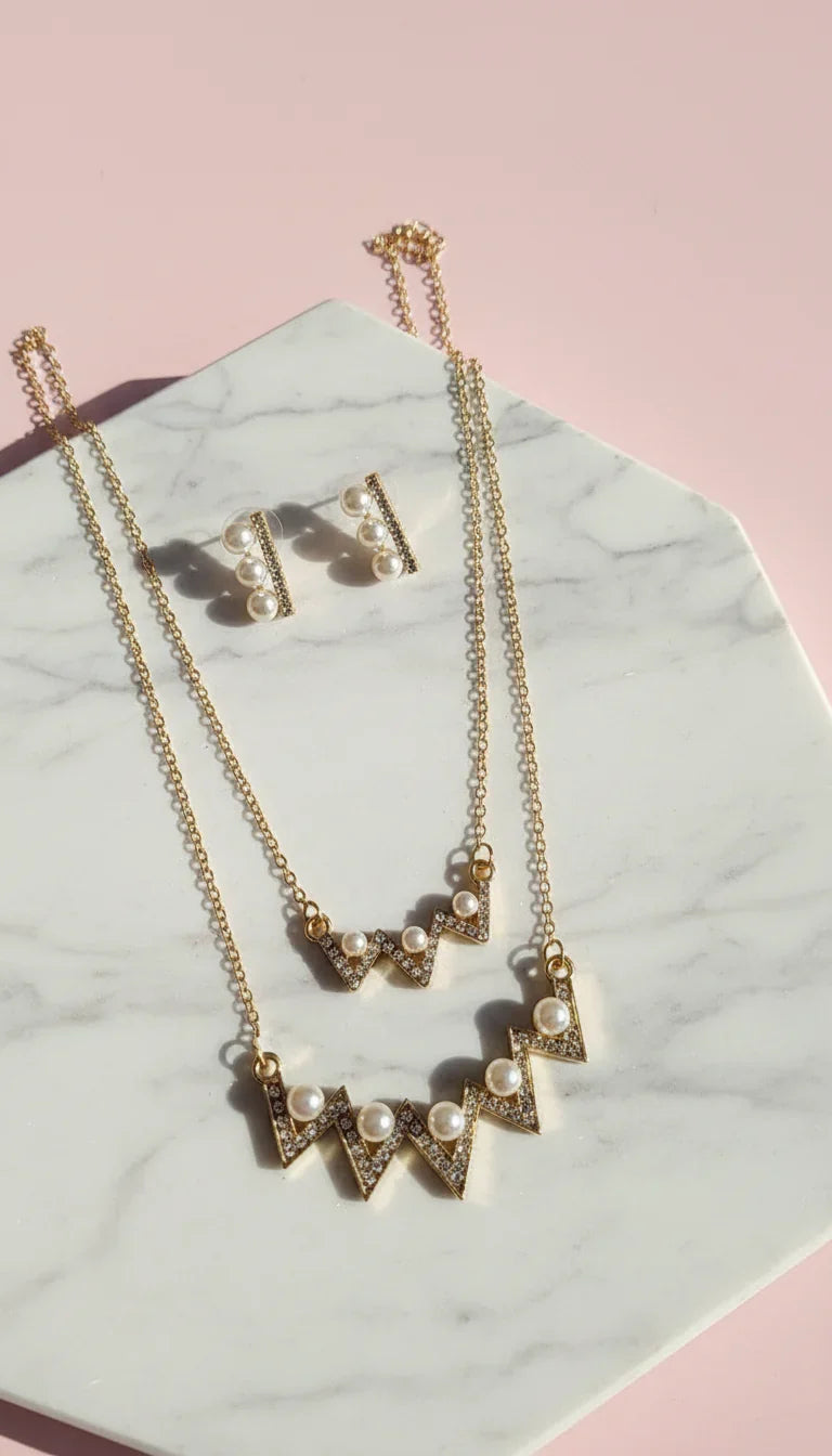 Layered Pearl Zig Zag Pendant Necklace & Earring Set