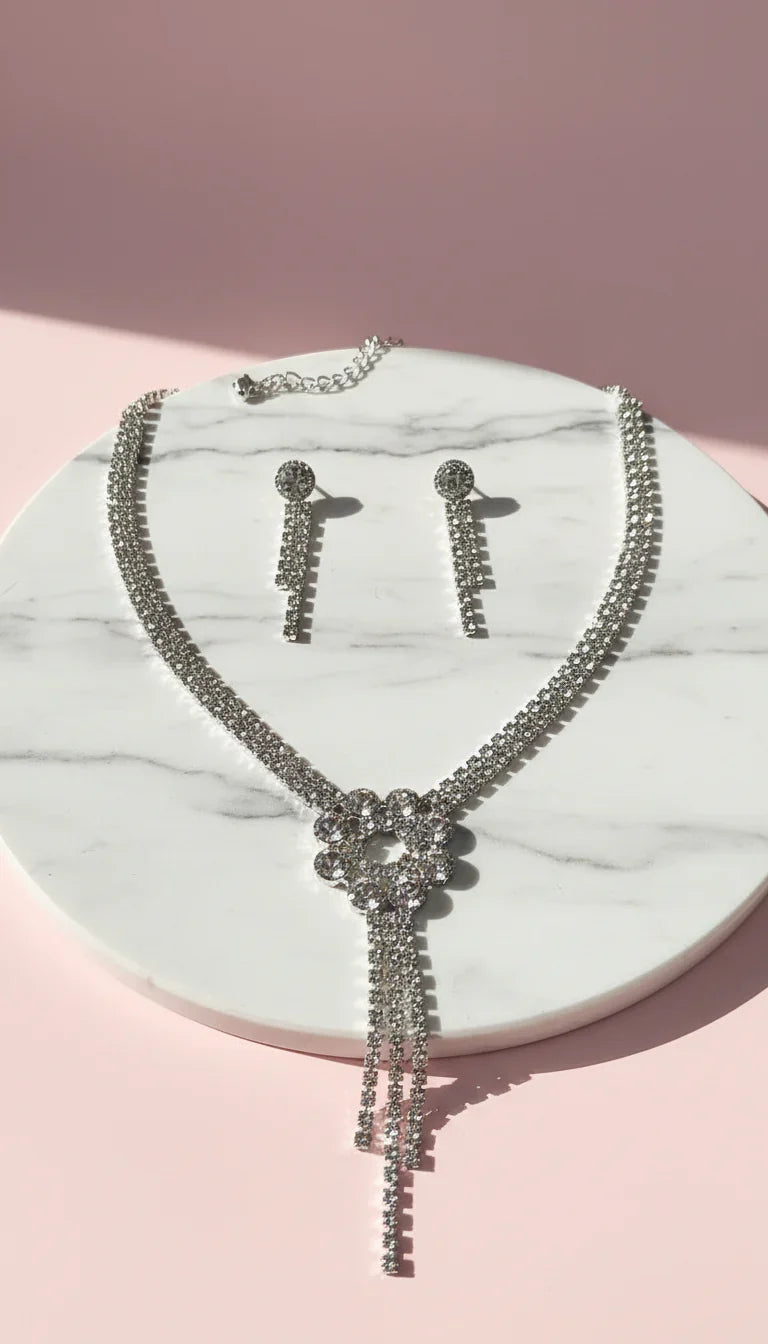 Flower Cluster Statement Crystal Necklace & Earrings Set