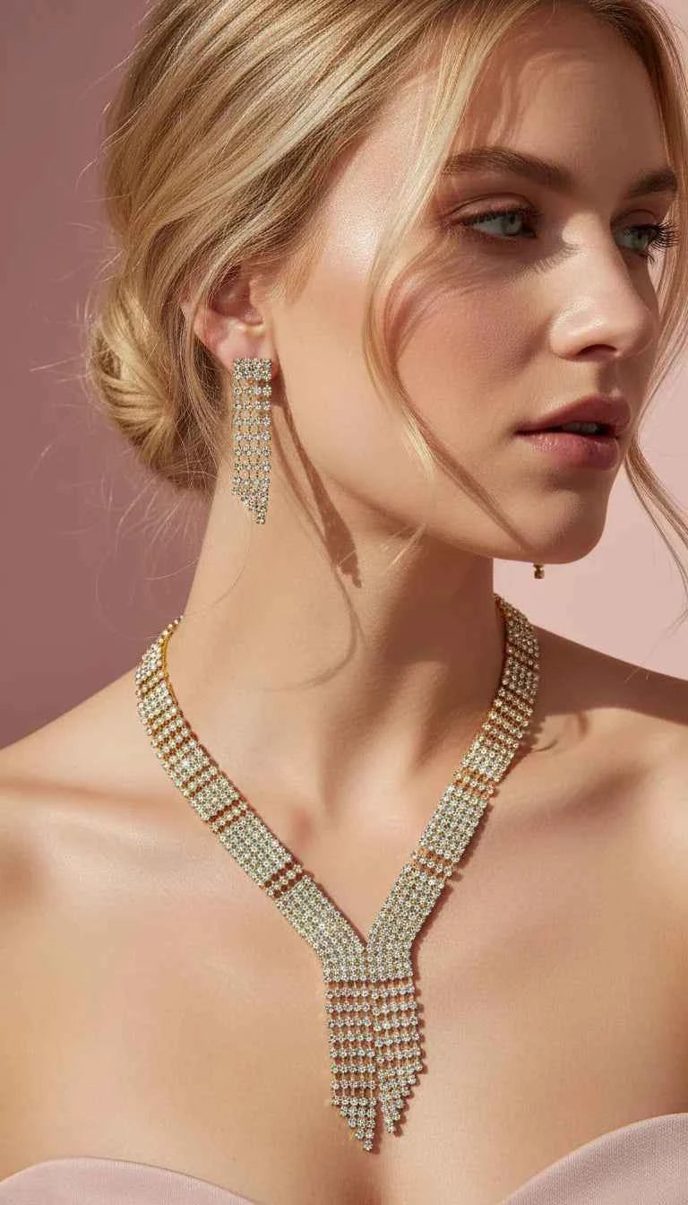 Crystal V Fringe Statement Necklace & Earrings Set
