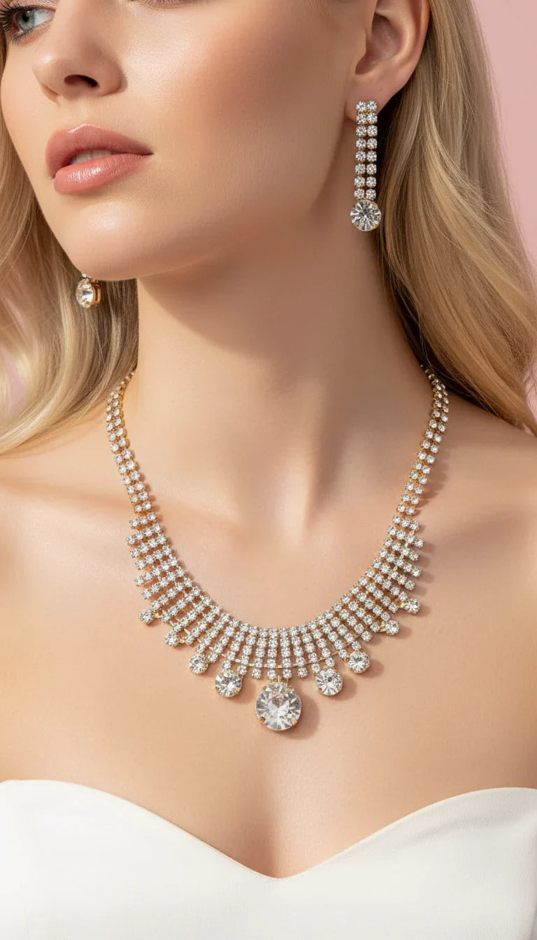 Round CZ Statement Crystal Necklace & Earrings Set