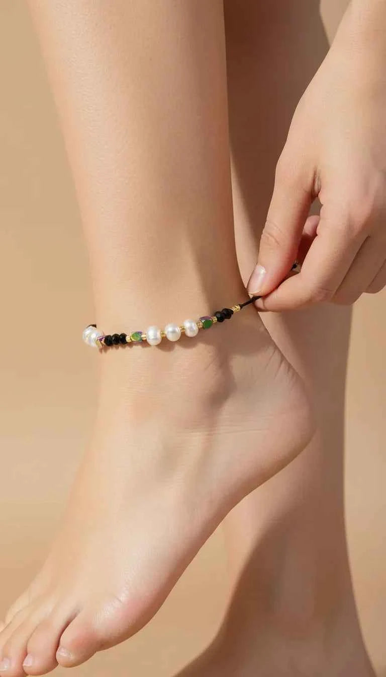 Faceted Beaded & Pearl Pull Tie Anklet
