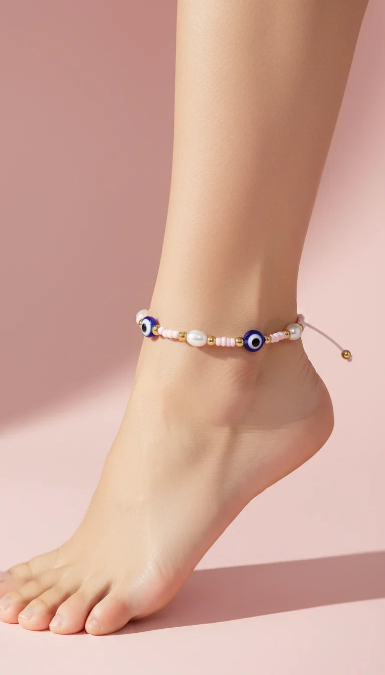 Evil Eye Beaded Pull Tie Anklet