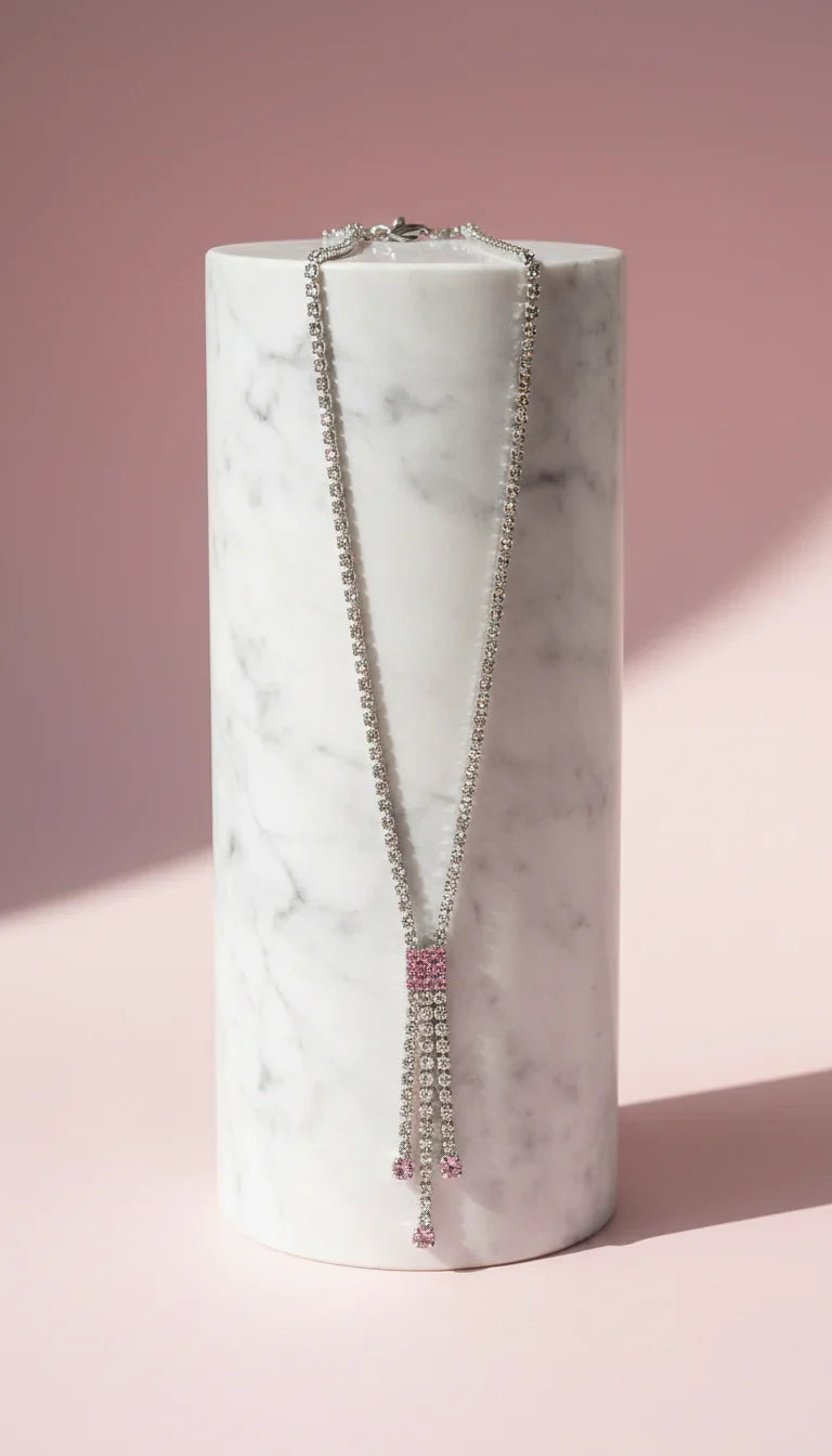 Pink Tassel Crystal Long Necklace