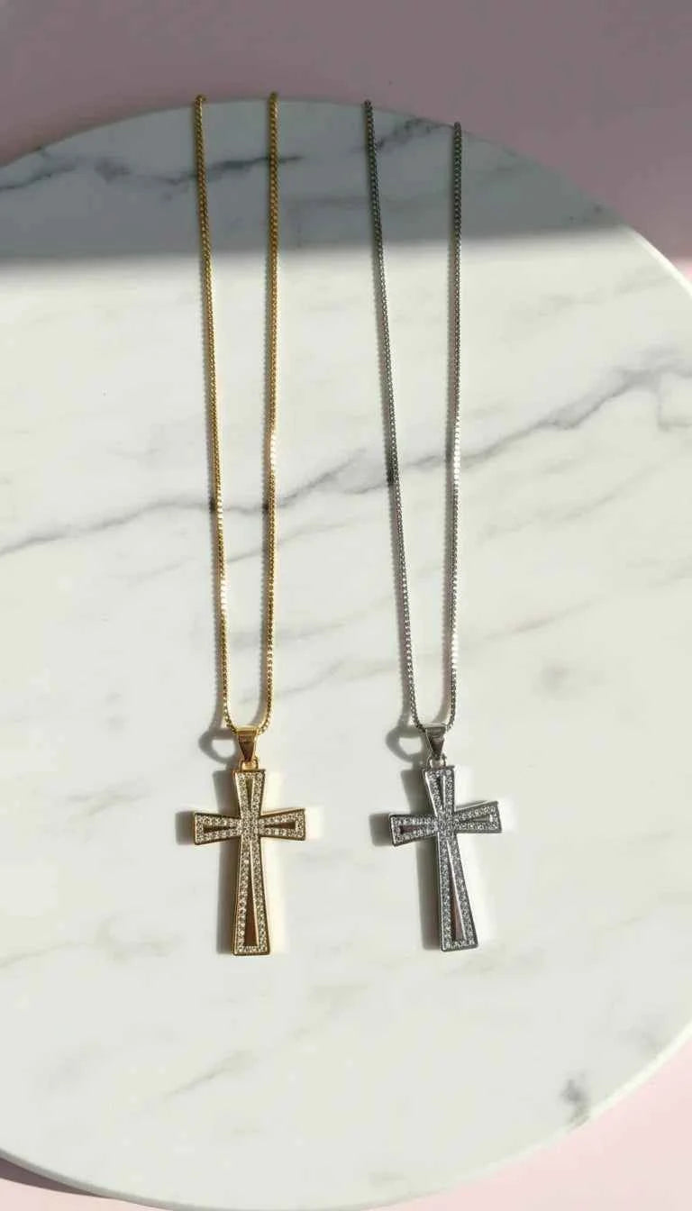 Waterproof Pavé Crystal Gold Plated Cross Stainless Steel Necklace