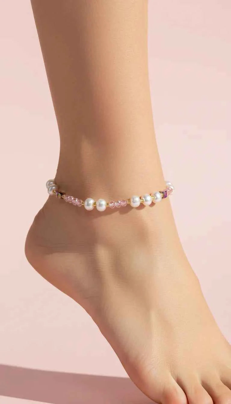 Faceted Beaded & Pearl Pull Tie Anklet